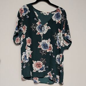 Maurices Floral V-Neck Blouse in Teal and Pink